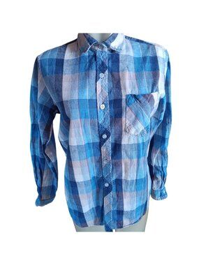 Vintage Women's Flannel Skater Shirt Medium 1970's Sears Blue Plaid Button-Up
